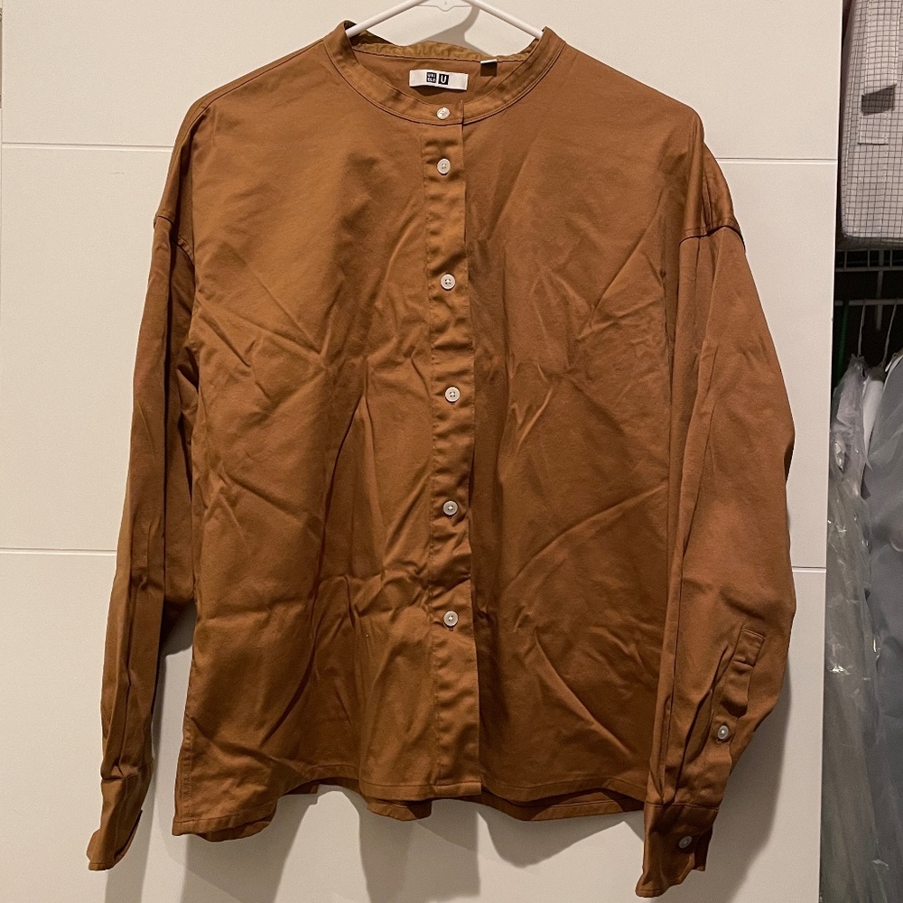 Uniqlo U Women Mercerized Cotton Stand Collar Long Sleeve Shirt Blouse BROWN M